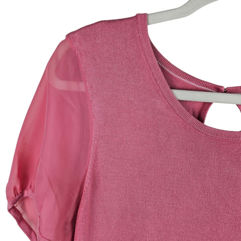 White House Black Market Womens Knit Top‎ Pink Sheer Sleeve Keyhole Back L - Picture 2 of 11